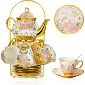 Tea Set of 13 PCS | Teapot  with 6 Cups  6 Saucers & Holder Stand